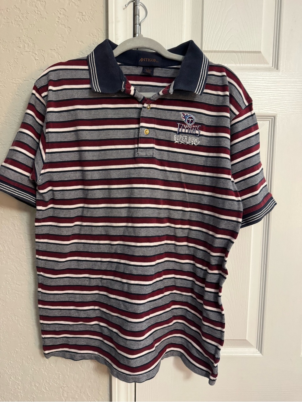 Vintage Antigua Tennessee Titans Men’s Striped Polo - Navy, Burgundy & White